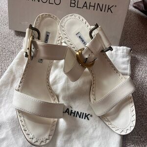 Manolo Blahnik White Leather Backless Heels with Buckles